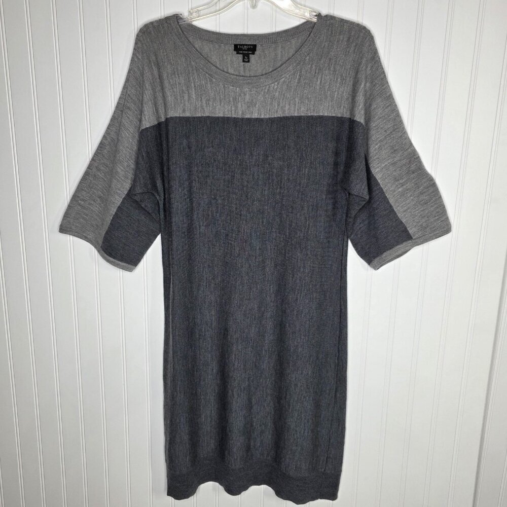 Talbots Knit Dress Women Small Petite Gray Merino Wool Blend Office Shift
